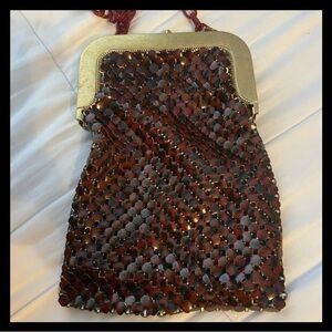 Whiting & Davis Gold and Burgundy Wine metal Mesh Evening Bag Mid Century